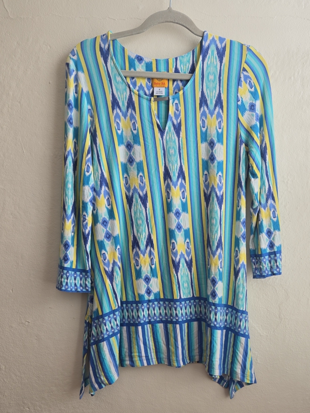 Ruby Rd. Turquoise, Blue & Yellow Striped Ikat-Print Long Sleeve Tunic_0062